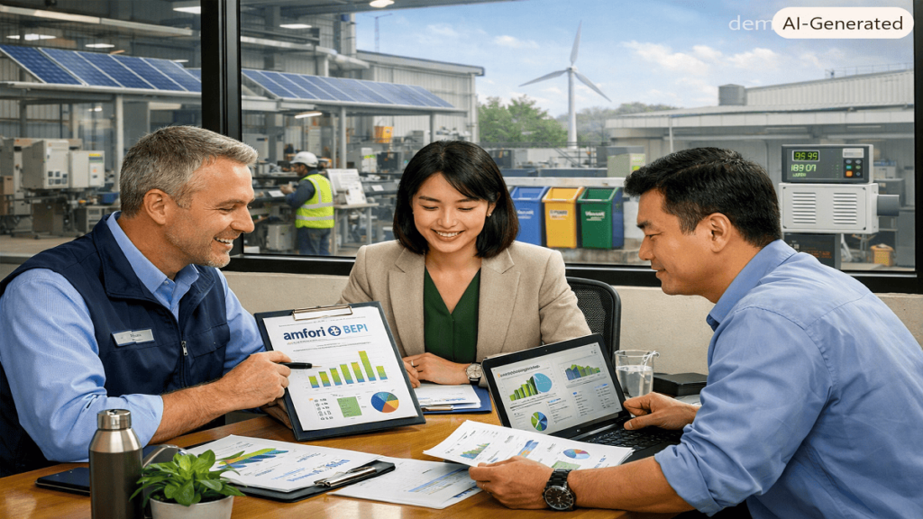 Business sustainability professionals and supplier representatives reviewing environmental performance data during an amfori BEPI supply chain assessment.