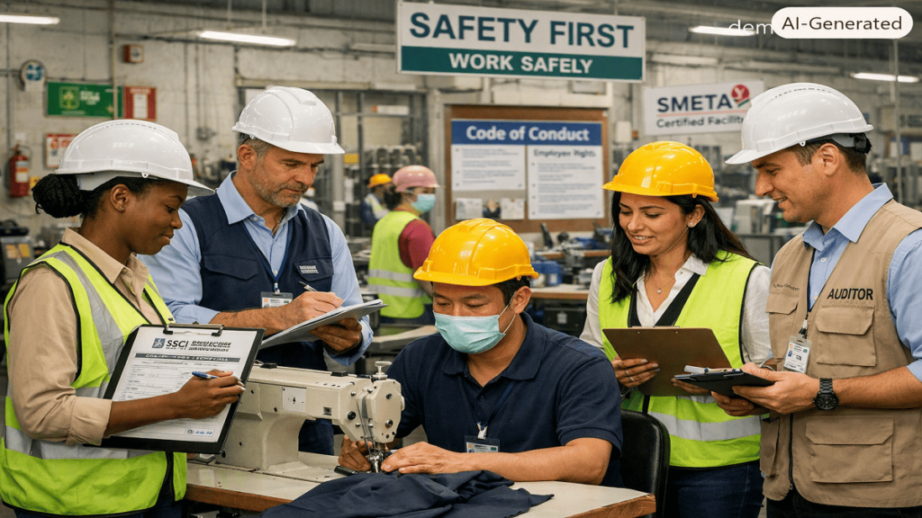 A sustainability team conducting a social compliance audit inside a manufacturing facility to evaluate ethical labour practices and supplier performance.