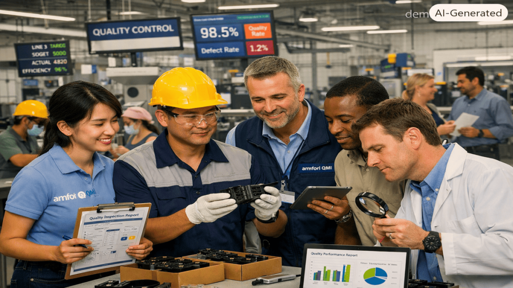 Supply chain professionals and factory workers collaborating to improve product quality, efficiency, and sustainable manufacturing practices.