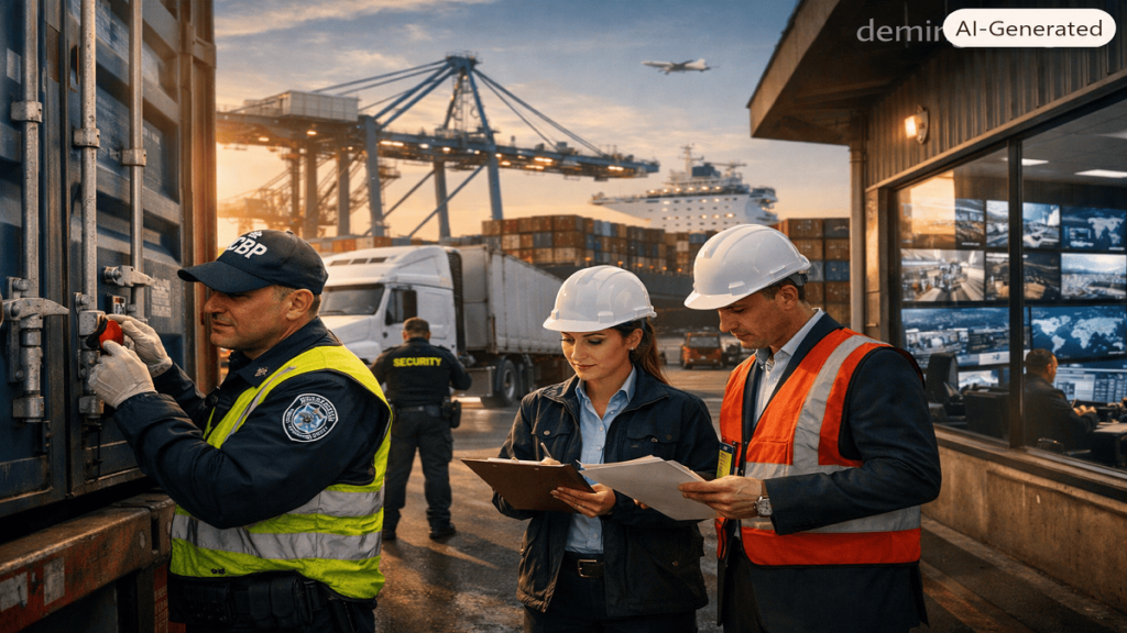 Secure global supply chain operations showing cargo containers, logistics professionals, and C-TPAT security inspection procedures at an international port.