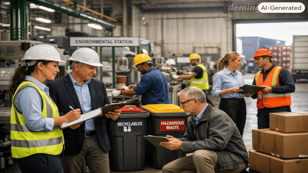 SMETA compliance professionals inspecting a sustainable supply chain operation with factory workers and environmental management practices.