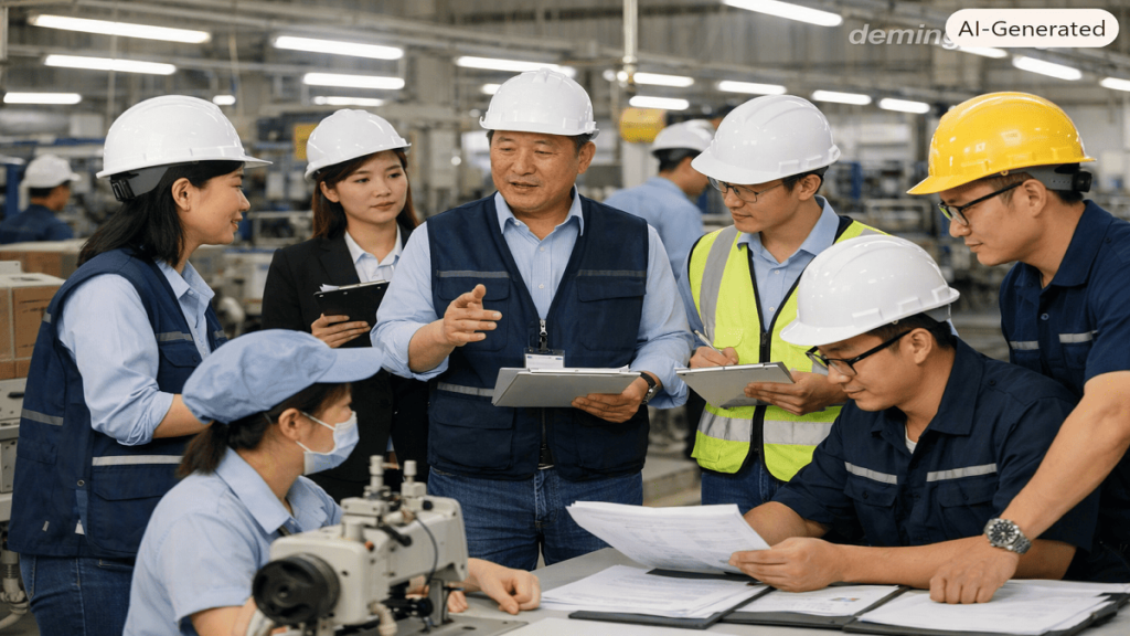 Chinese-speaking internal auditors conducting a practical SMETA audit exercise inside a modern manufacturing facility.