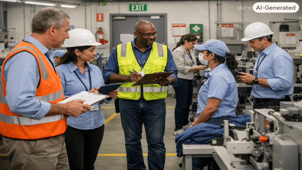 Compliance auditors inspecting workplace safety, employee practices, and documentation during a WRAP audit in an ethical manufacturing facility.