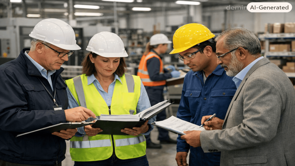 Auditors and supplier representatives reviewing performance reports and compliance documents during a supplier evaluation meeting in a factory.