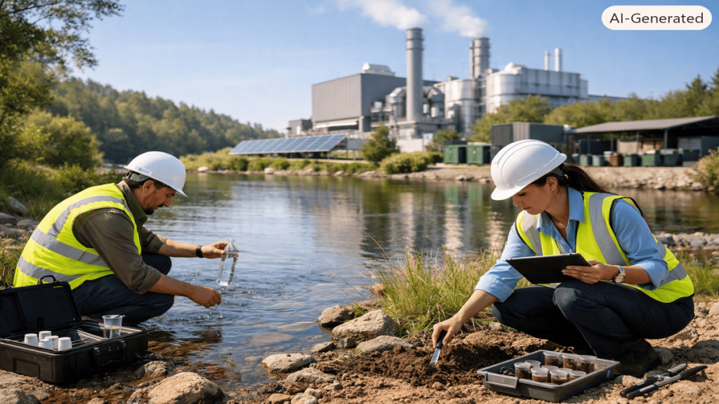 Environmental consultants collecting water samples and inspecting an industrial site near a protected natural landscape.