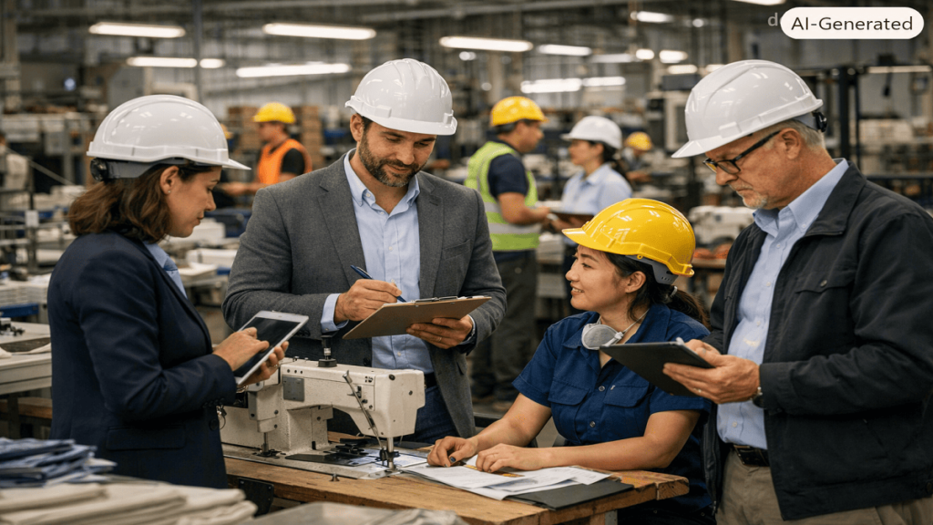 Ethical auditors inspecting manufacturing operations and reviewing supplier compliance practices inside an industrial facility.