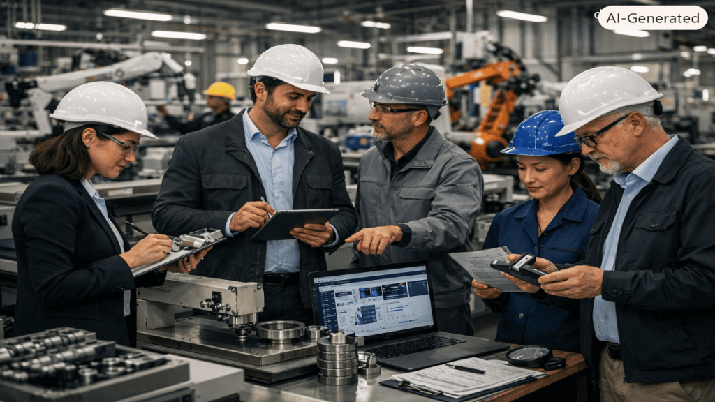 Industrial auditors inspecting machinery and evaluating production quality processes on a high-tech factory floor.