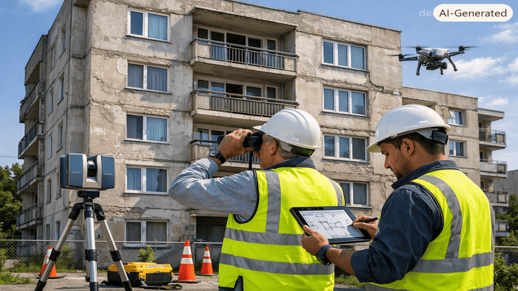 Structural engineers inspecting the exterior of a multi-story residential building during a professional structural audit with advanced surveying equipment.