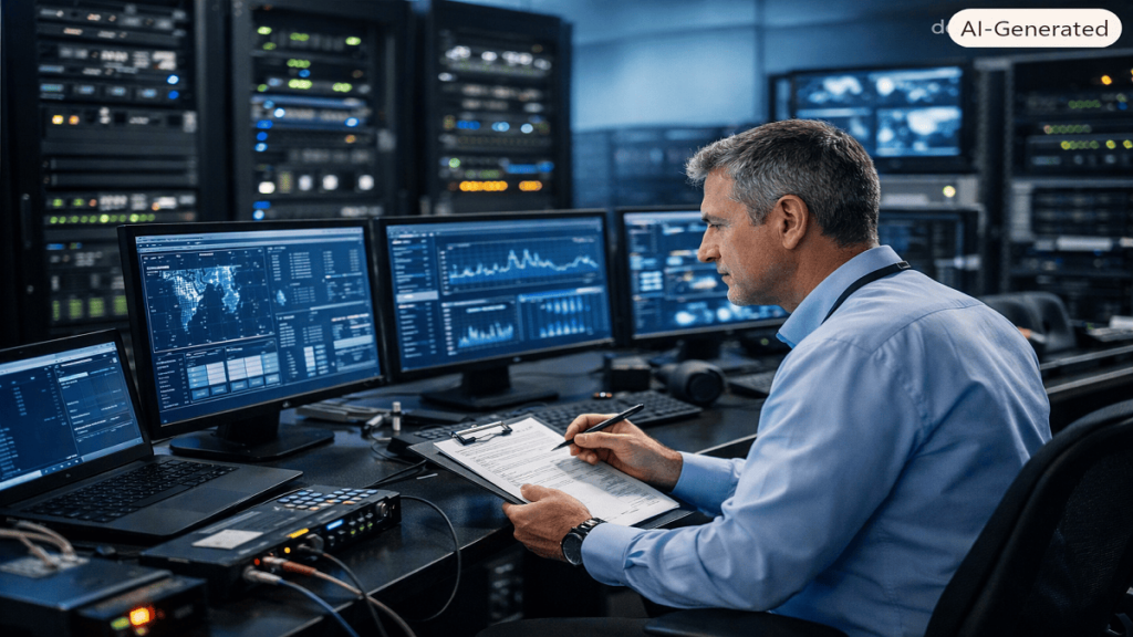 Technical auditor analyzing server infrastructure, network systems, and digital monitoring equipment during a technology audit.