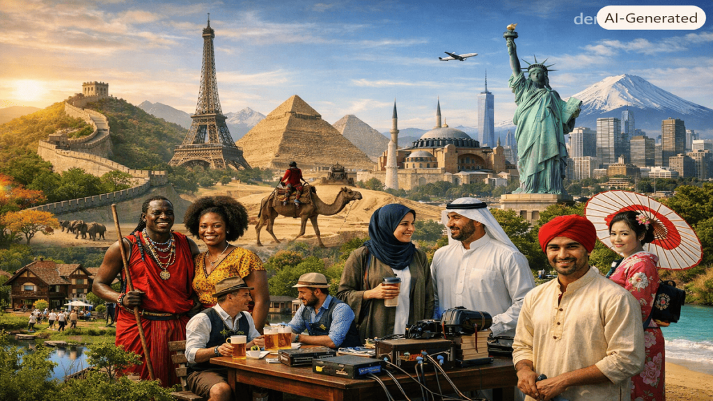 A realistic global scene showing Earth, diverse landscapes, cultural landmarks, and people representing different countries and cultures, highlighting geography, history, and global diversity.