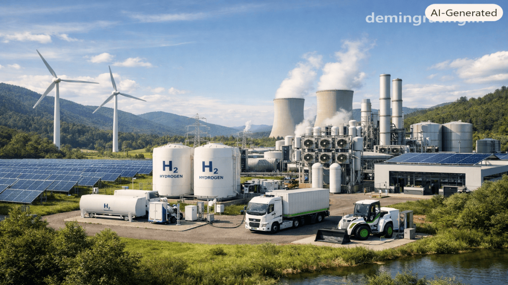 A realistic industrial scene showing de-carbonization technology with renewable energy systems, wind turbines, solar panels, clean factories, electric vehicles, and sustainable infrastructure.