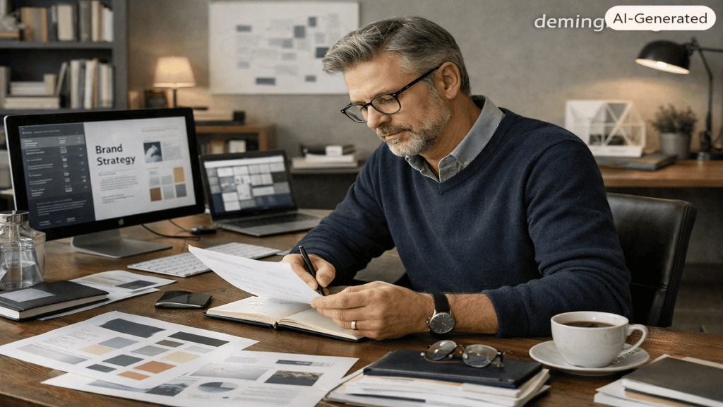 A realistic professional workspace representing the Sage brand archetype with knowledge, research, strategic thinking, and branding elements that symbolize expertise and trust.