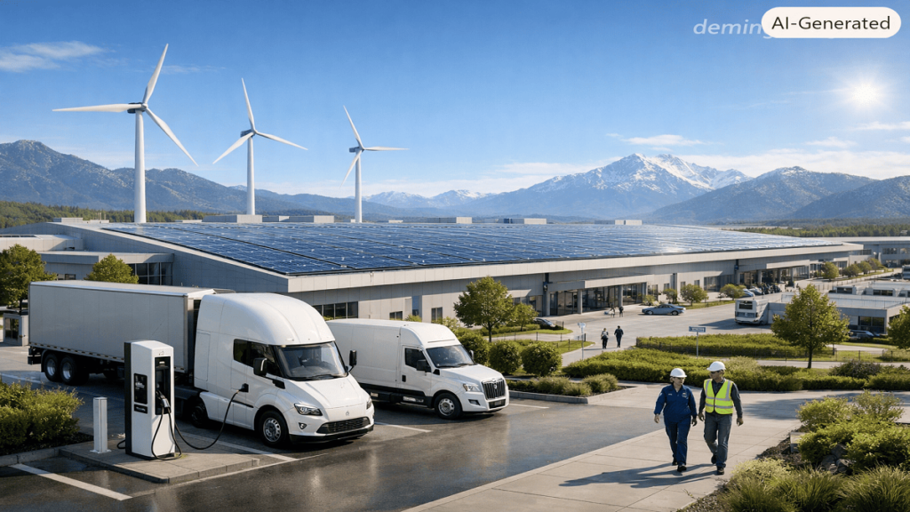 A modern industrial facility powered by rooftop solar panels and nearby wind turbines, with electric vehicles and green landscaping promoting sustainable manufacturing.