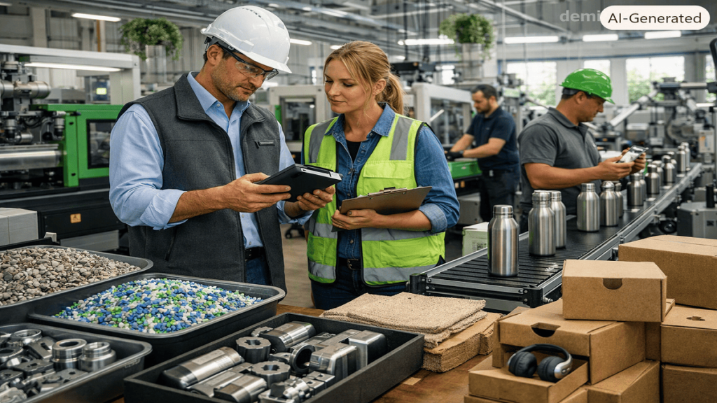 A sustainable manufacturing facility using recycled plastic, metal, and eco-friendly materials to create new products through advanced production processes.