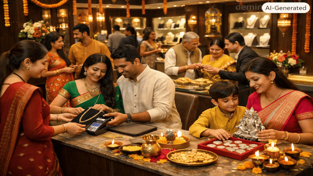 Customers shopping for gold jewelry, silver coins, and festive items at a decorated showroom during Dhanteras celebrations in India.