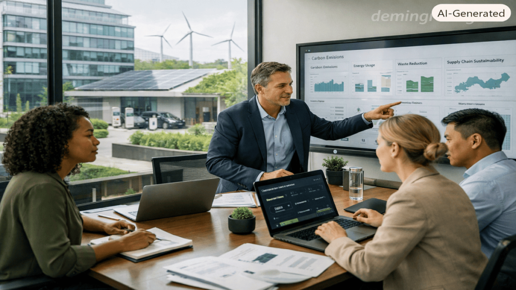 Corporate sustainability professionals reviewing environmental footprint tracking data for climate and sustainability planning.