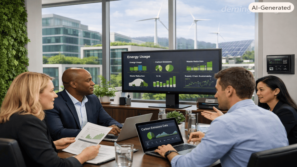 Corporate sustainability professionals reviewing environmental footprint tracking data for climate and sustainability planning.