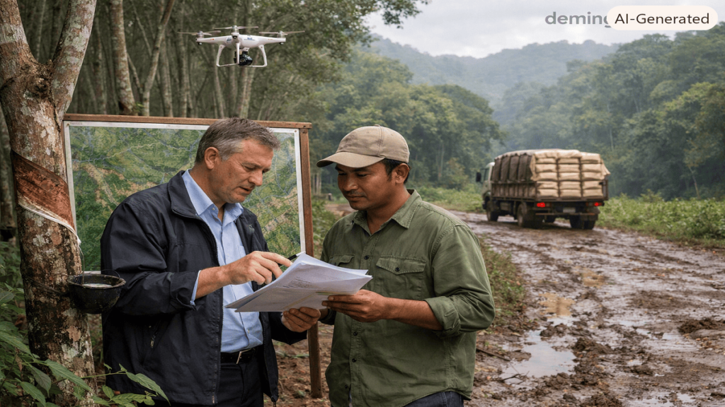 Supply-chain auditor and plantation manager reviewing compliance documents in a rubber plantation next to a protected tropical forest under EUDR requirements.