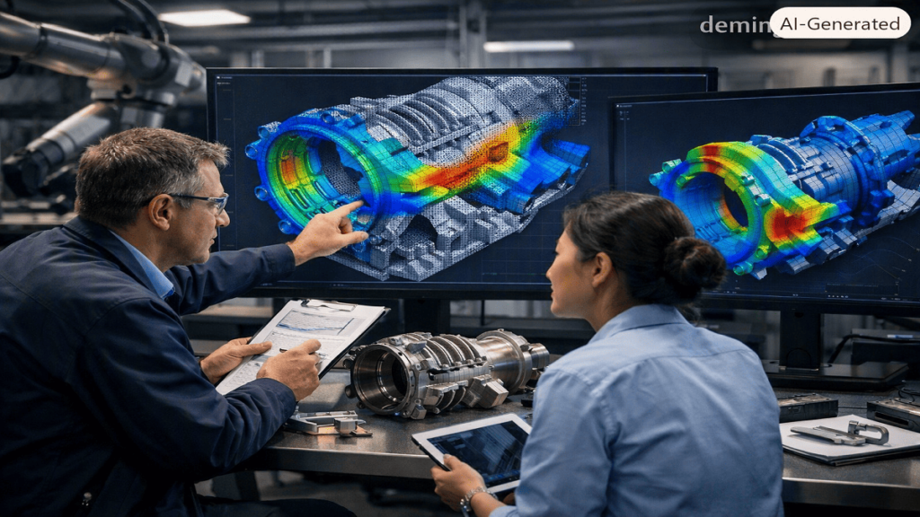 Engineers reviewing FEM-based simulation data for advanced industrial design and structural analysis.