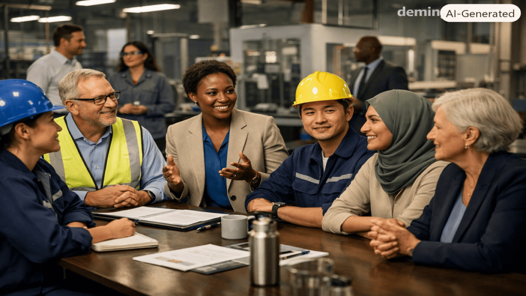 Employees from diverse backgrounds working together in an inclusive workplace that supports human rights and equality.