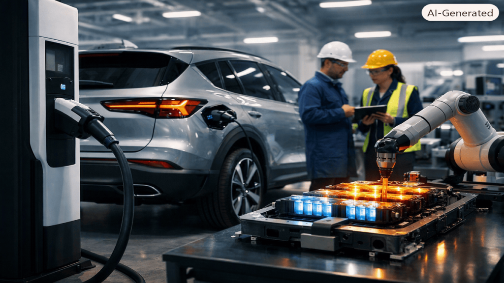 E-vehicle innovation Futuristic electric vehicle charging in a smart city with advanced battery and fast-charging technology