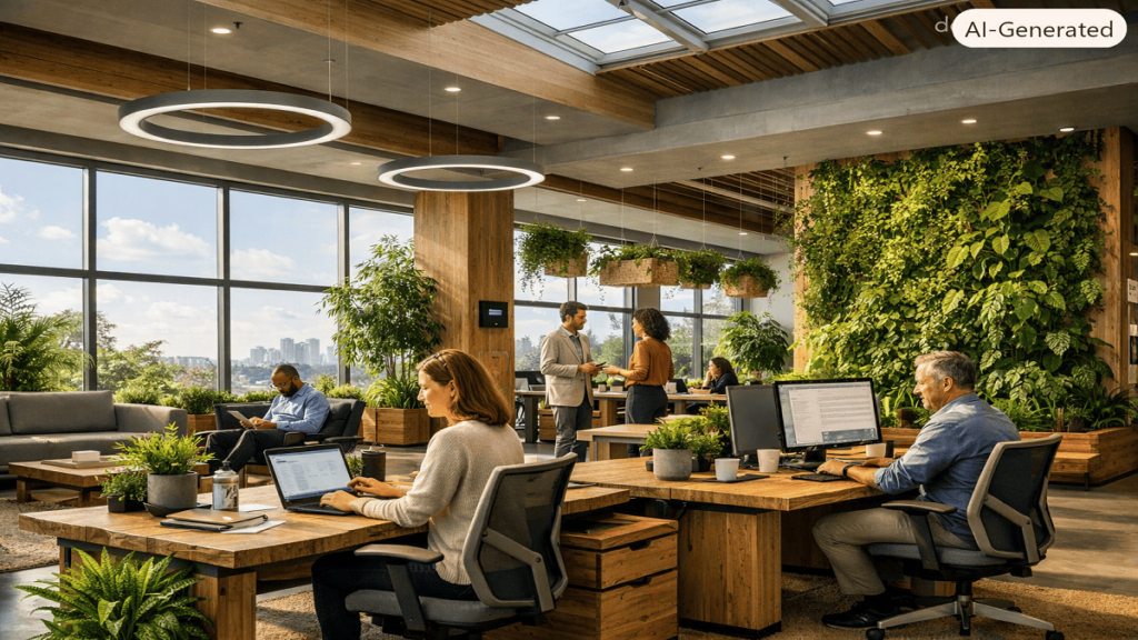 Eco-friendly green interior design with sustainable materials, natural lighting, indoor plants, and modern energy-efficient workspace features