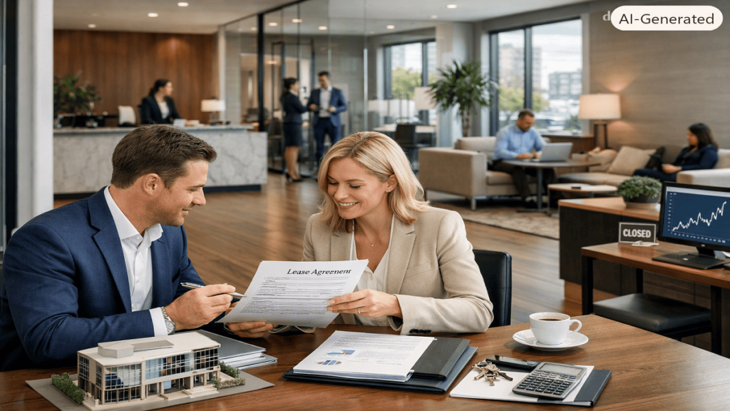 Modern commercial office space representing commercial lease terms with business professionals, property documents, and a professional workspace environment
