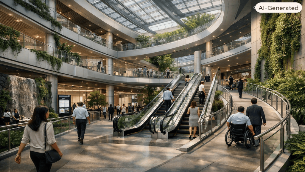 Futuristic sustainable building interior featuring smart circulation design with digital wayfinding, green elements, accessible pathways, and efficient pedestrian movement.