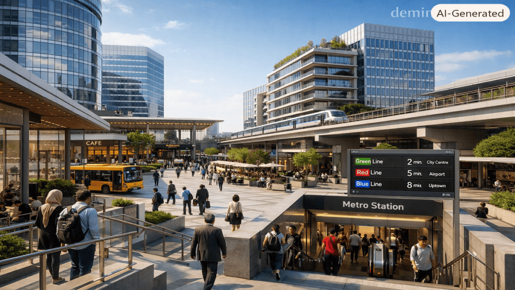 Smart mixed-use urban development beside a major public transportation hub with offices, retail spaces, public plazas, and accessible transit connections.