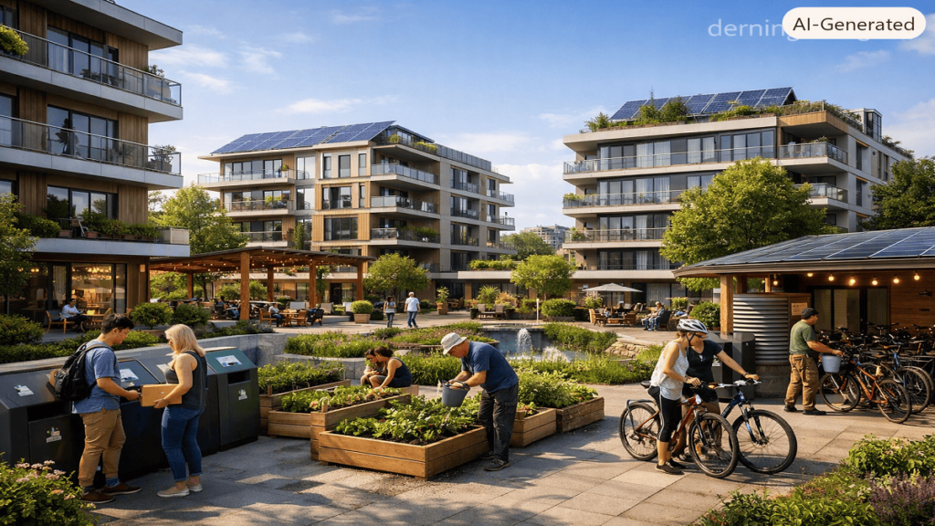 Tenancy . Eco-friendly residential green facility with sustainable apartments, solar panels, landscaped areas, recycling systems, and residents practicing green living.