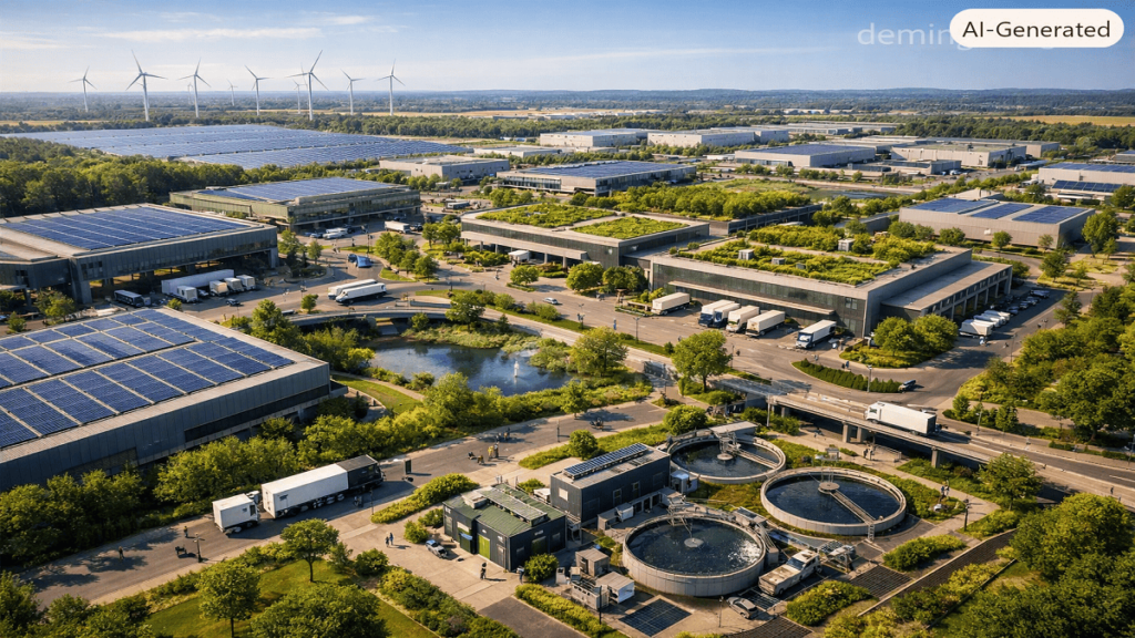 A sustainable industrial district with green factories, solar energy systems, wind turbines, electric vehicles, and natural landscapes showing clean industrial development.