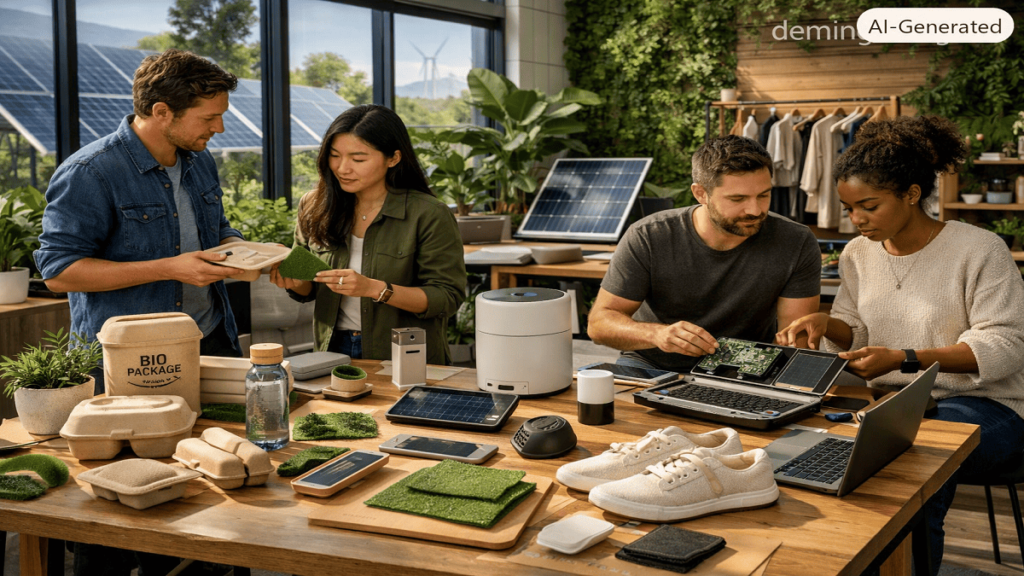 A futuristic sustainable workspace displaying innovative eco-friendly products made with renewable materials, smart technology, and circular economy concepts.