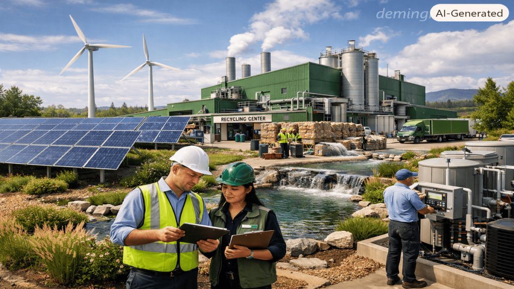 Modern industrial facility implementing an eco stewardship programme with renewable energy, recycling systems, and sustainable manufacturing practices.
