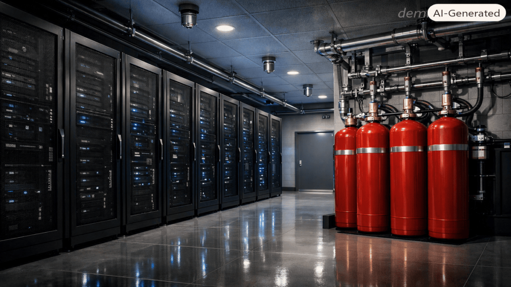 Eco-friendly Refrigerants. Modern data center protected by a halon-free clean agent fire suppression system with server racks and ceiling-mounted discharge nozzles.