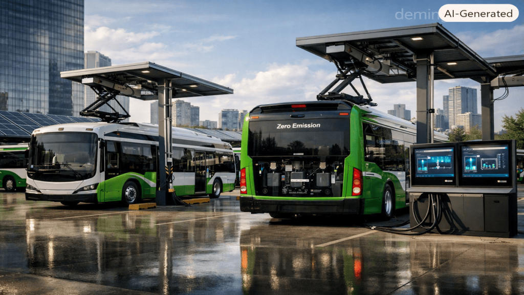 Energy Efficiency. Electric buses at a smart charging hub using advanced traction systems and renewable energy technology.