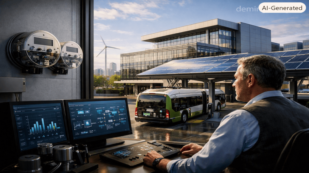 Modern smart building with energy management systems, smart meters, and renewable energy integration.