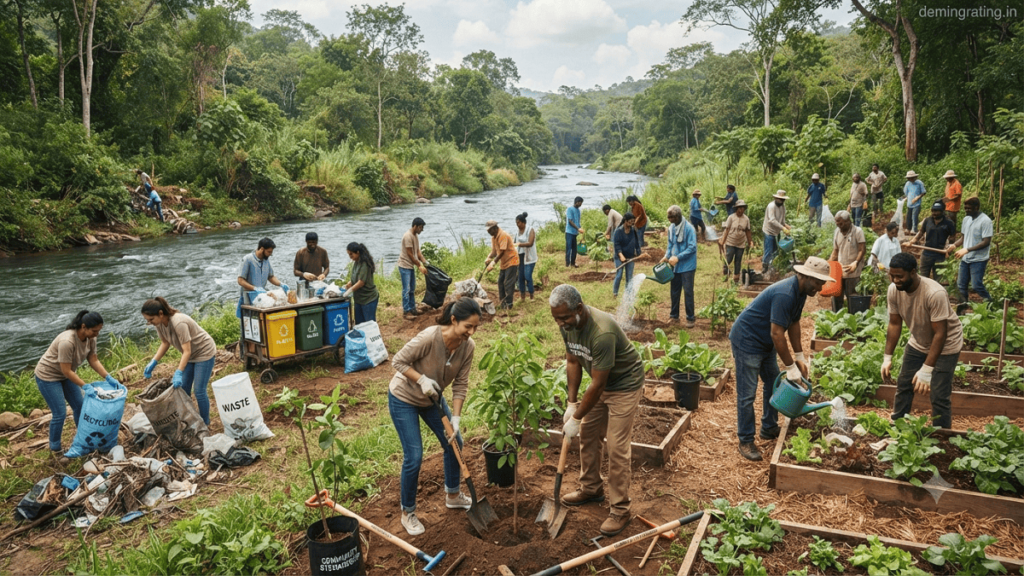 Community members participating in an eco stewardship programme through tree planting, recycling, and environmental conservation activities in a green natural area.