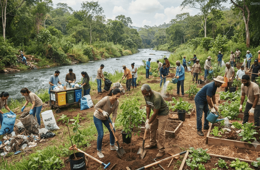 Community members participating in an eco stewardship programme through tree planting, recycling, and environmental conservation activities in a green natural area.