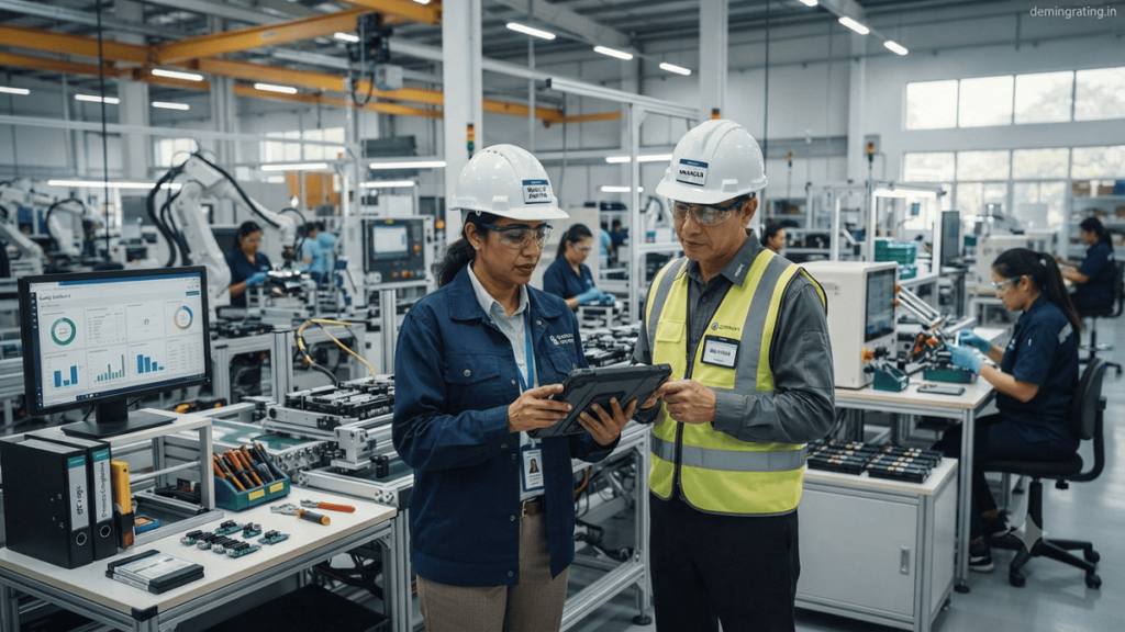 Manufacturing Audits. Quality auditors inspecting manufacturing processes and reviewing production records inside a modern industrial facility.