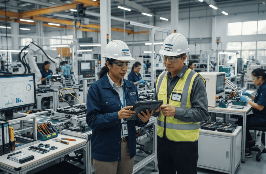Manufacturing Audits. Quality auditors inspecting manufacturing processes and reviewing production records inside a modern industrial facility.
