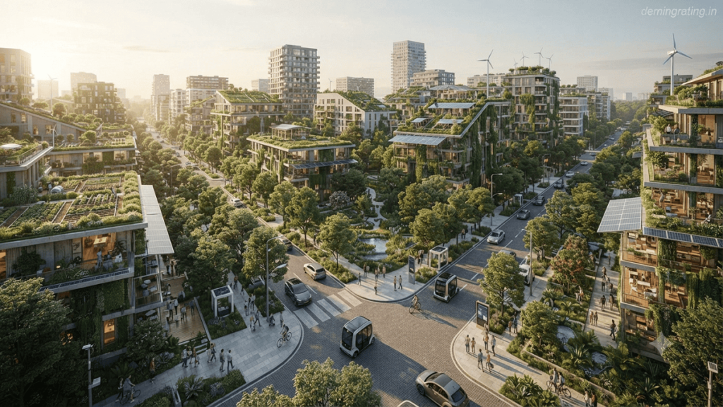 A futuristic eco-friendly district featuring green buildings, solar panels, urban forests, electric vehicles, and sustainable city infrastructure surrounded by nature.