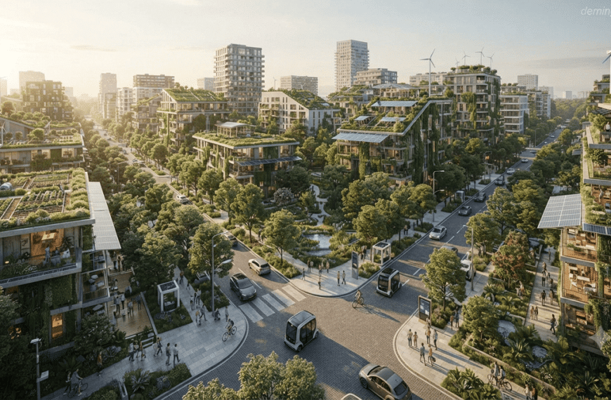 A futuristic eco-friendly district featuring green buildings, solar panels, urban forests, electric vehicles, and sustainable city infrastructure surrounded by nature.