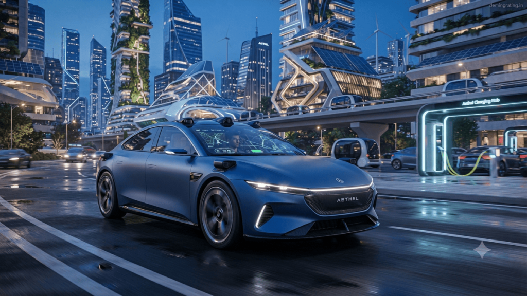 Futuristic electric vehicle charging in a smart city with advanced battery and fast-charging technology