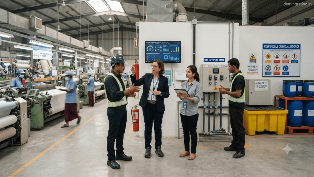 Sustainability managers reviewing environmental performance practices inside a textile manufacturing facility as part of an amfori BEPI assessment.