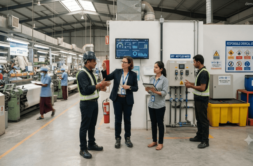 Sustainability managers reviewing environmental performance practices inside a textile manufacturing facility as part of an amfori BEPI assessment.