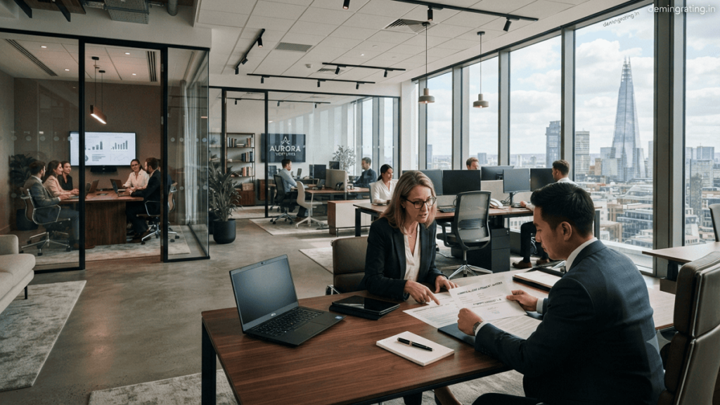Modern commercial office space representing commercial lease terms with business professionals, property documents, and a professional workspace environment