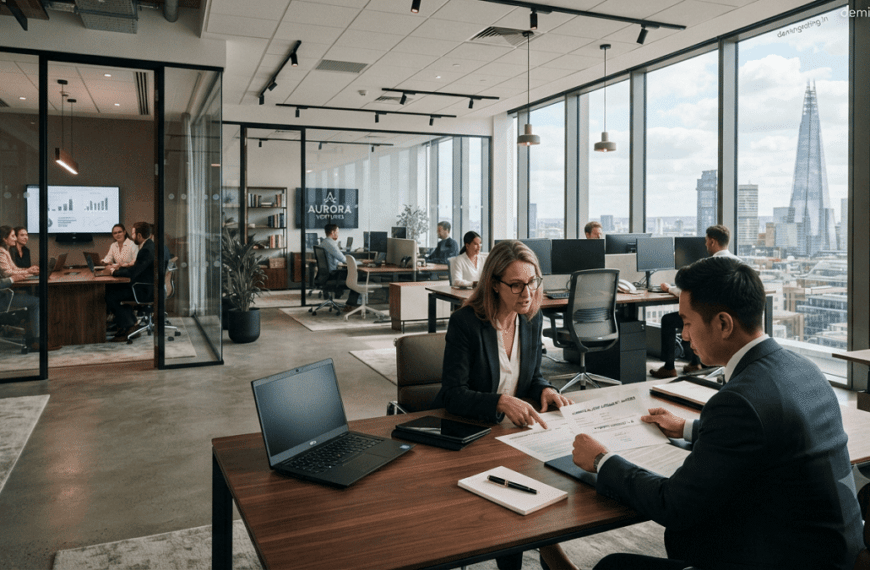 Modern commercial office space representing commercial lease terms with business professionals, property documents, and a professional workspace environment