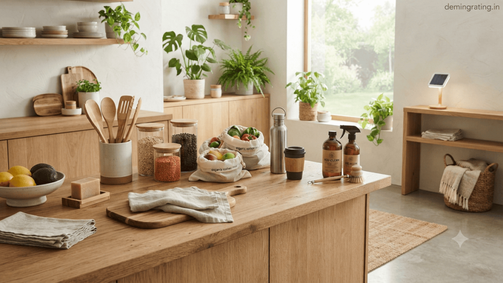 A sustainable home environment featuring eco-friendly products such as bamboo items, reusable containers, organic materials, and solar-powered devices.