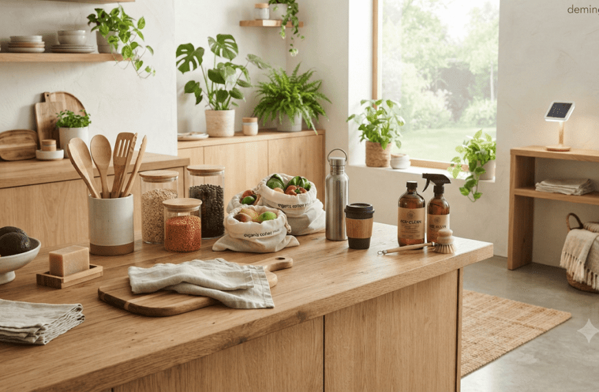 A sustainable home environment featuring eco-friendly products such as bamboo items, reusable containers, organic materials, and solar-powered devices.