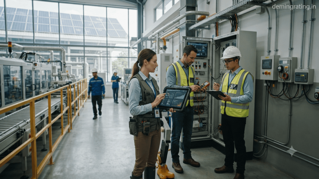 Sustainability experts monitoring environmental footprint data and assessing energy, resource, and carbon impacts at an industrial facility.